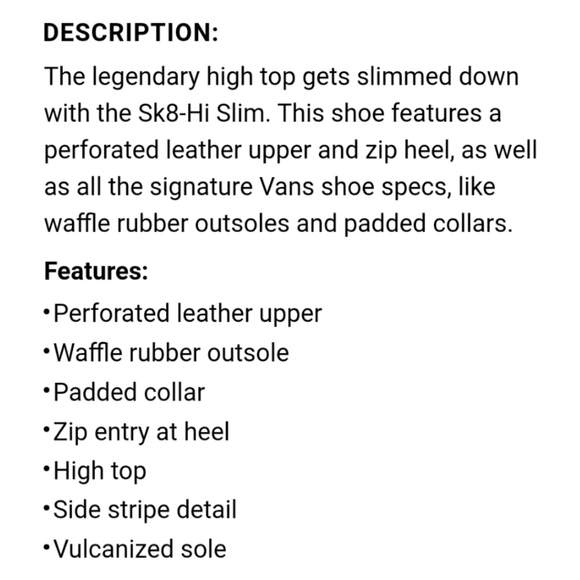 Vans SK8 Hi Slim Zip Perf Leather W7 M5.5 Black - Picture 9 of 9